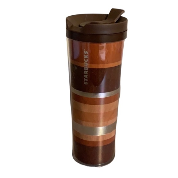 Starbucks Clear Plastic Tumbler with Brown Faux Wood and Silver Insert - Picture 2 of 9